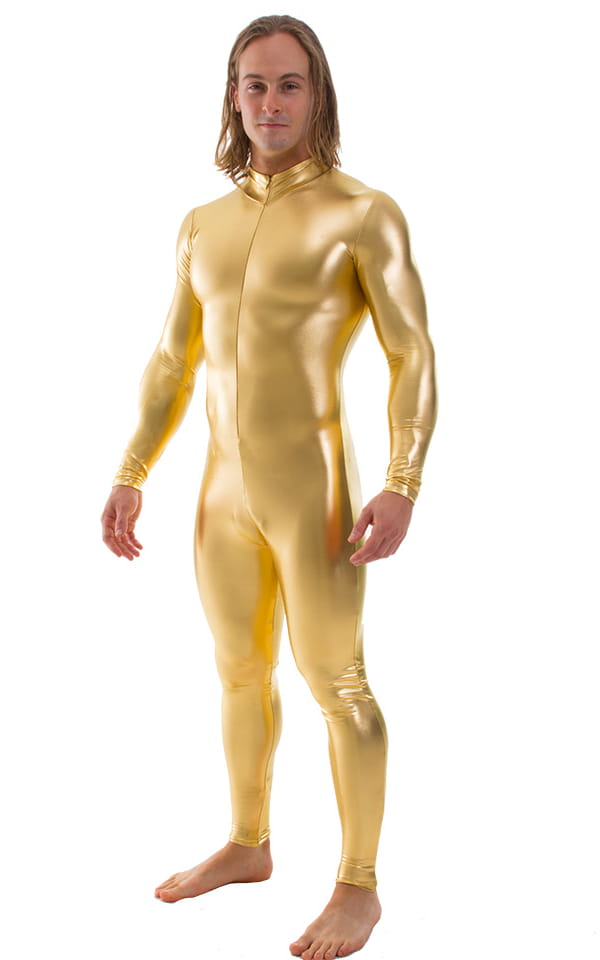 Full Bodysuit Zentai Lycra Spandex Suit for men in Liquid Gold, Front View