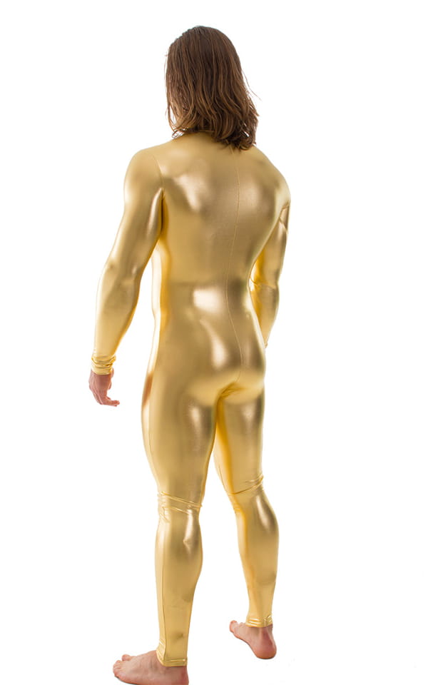 Full Bodysuit Zentai Lycra Spandex Suit for men in Liquid Gold, Rear View