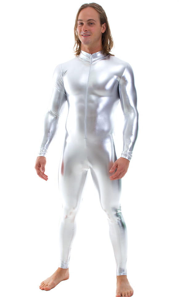 Full Bodysuit Zentai Lycra Spandex Suit for men in Silver Surfer Chrome, Front View