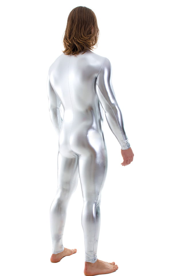 Full Bodysuit Zentai Lycra Spandex Suit for men in Silver Surfer Chrome, Rear View