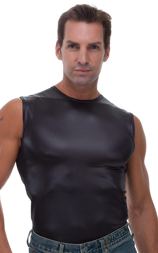 Sleeveless Lycra Muscle Tee in Wet Look Black, Front View