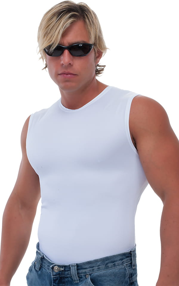 Sleeveless Lycra Muscle Tee in White, Front View