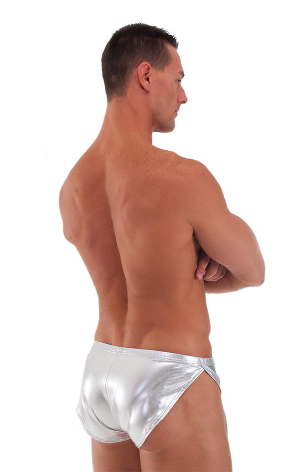 Swimsuit Cover Up Split Running Shorts in Liquid Silver, Rear View