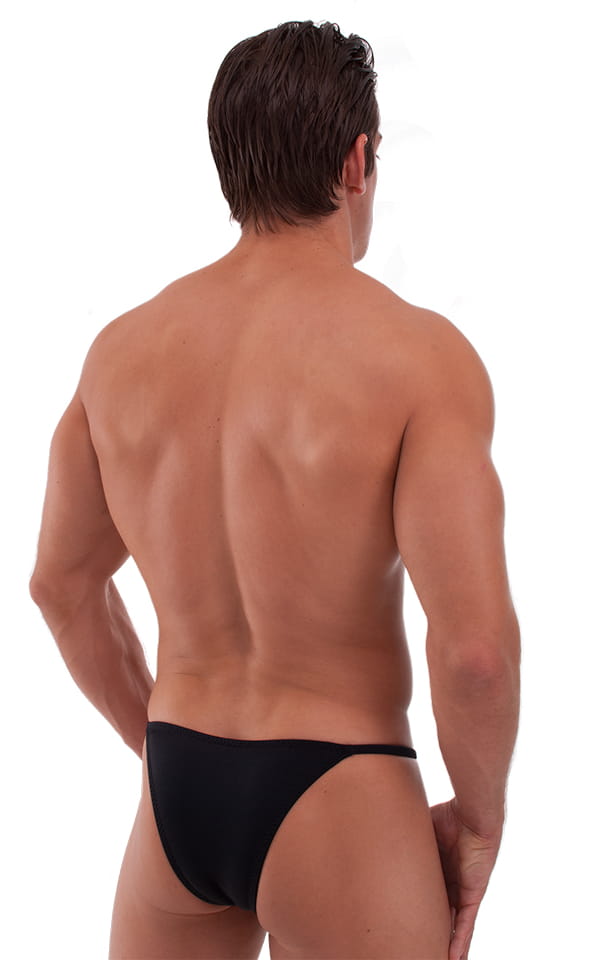 Adjustable to Micro Pouch Tanning Bikini in Black, Rear View.