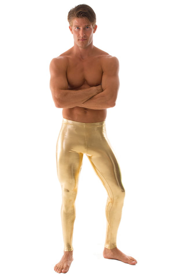 Mens Leggings Tights in Metallic Liquid Gold, Front View