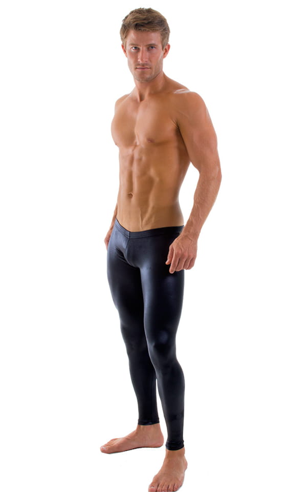 Mens SUPER Low Leggings Tights in Wet Look Black, Front View