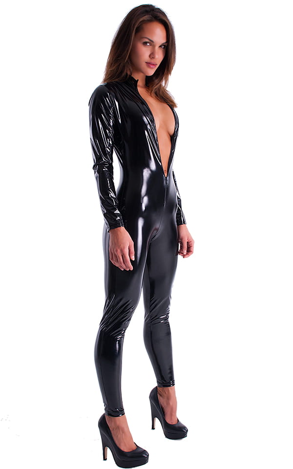 Front Zipper Catsuit-Bodysuit in Black Superstretch Vinyl/Lycra, Front Alternative
