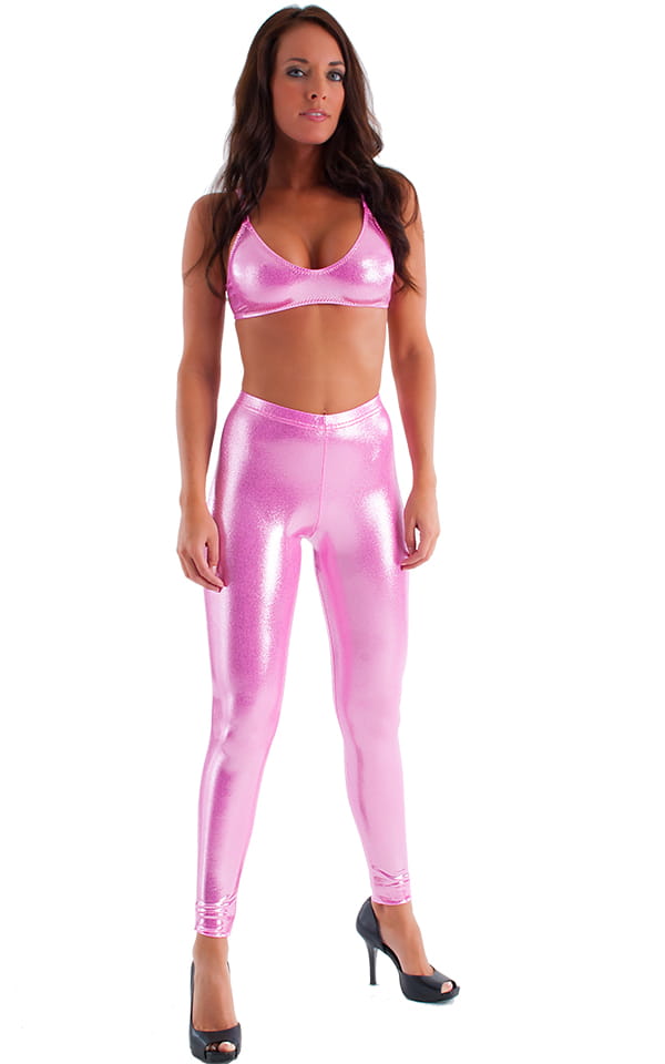 Womens Leggings - Fashion Tights in Metallic Mystique Bubblegum Pink, Front View