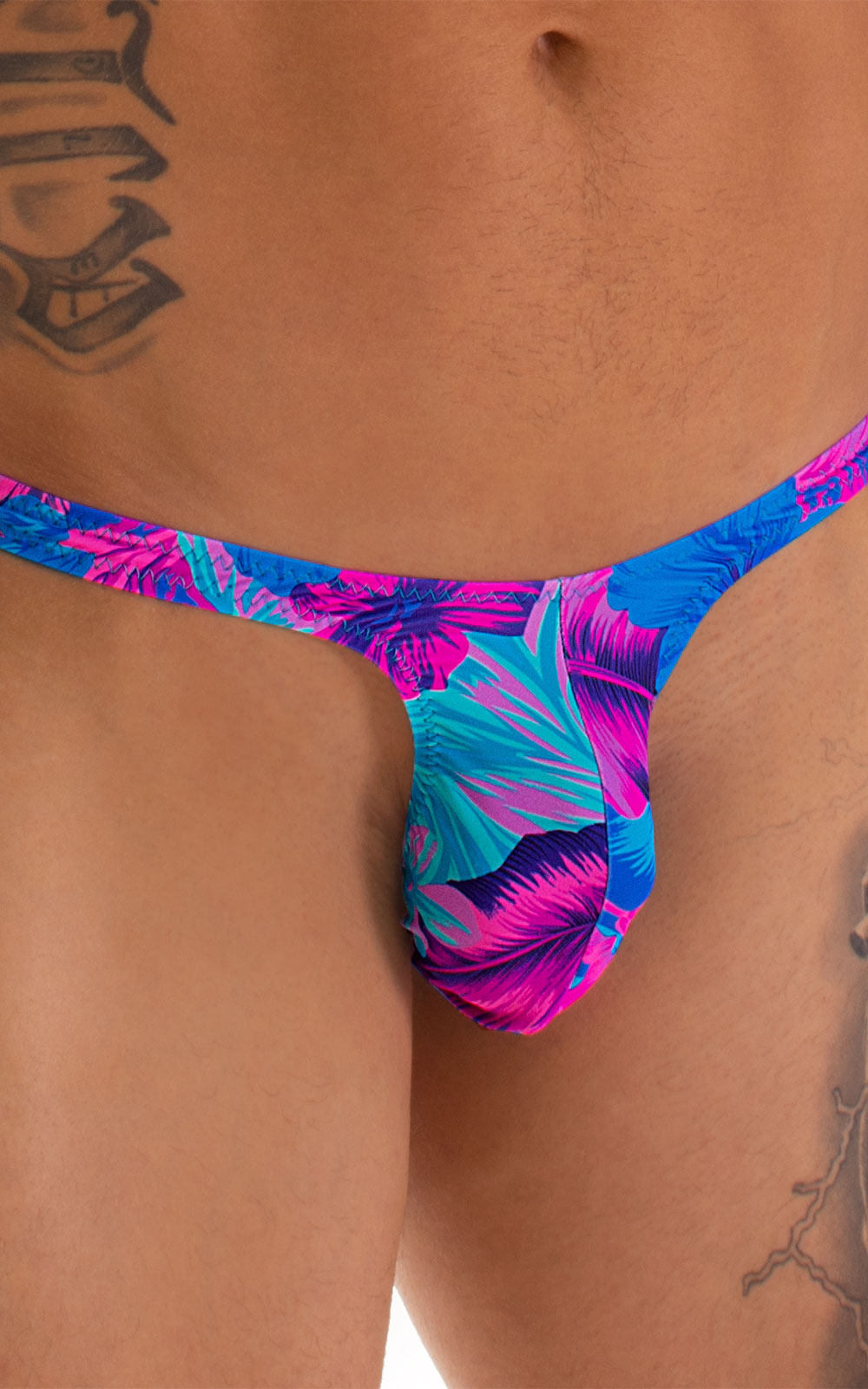 T Back Thong Swimsuit - Bravura Pouch in Tahitian Magenta Aqua, Front Alternative