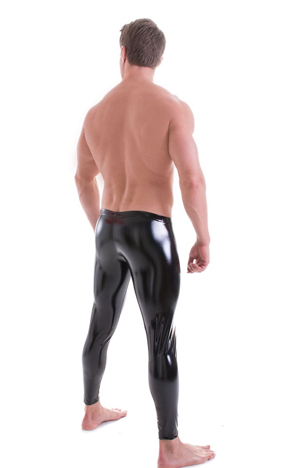 Mens Low Rise Leggings Tights in Gloss Black Stretch Vinyl, Rear View