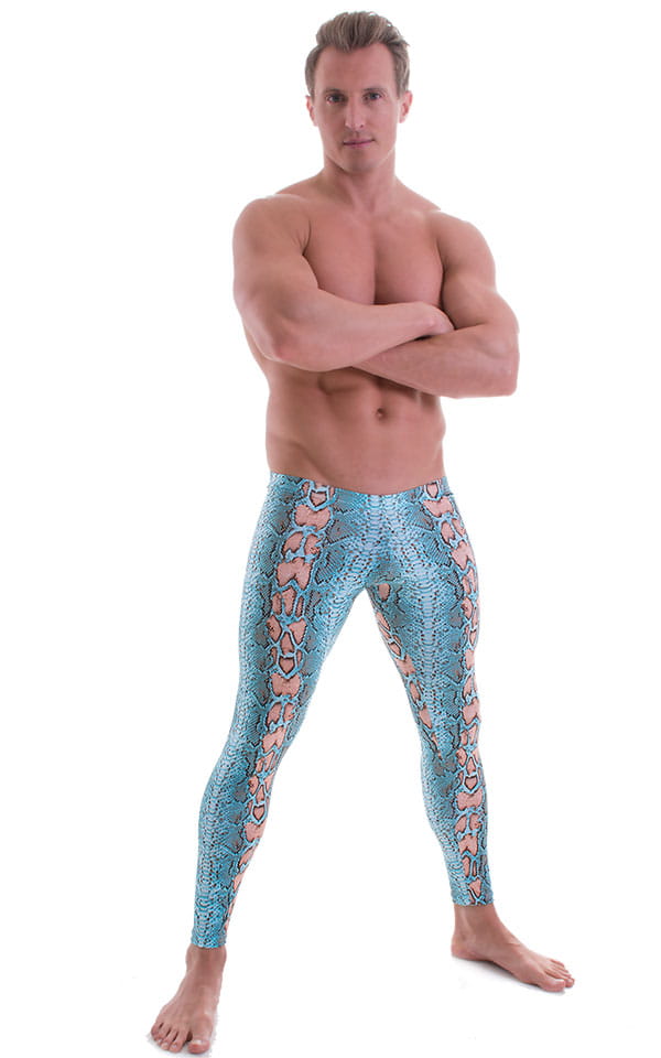 Mens Low Rise Leggings Tights in ThinSKINZ Aqua Python, Front View