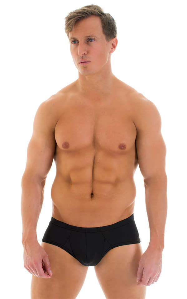 Pouch Enhanced Micro Square Cut Swim Trunks in Super ThinSKINZ Black, Front View