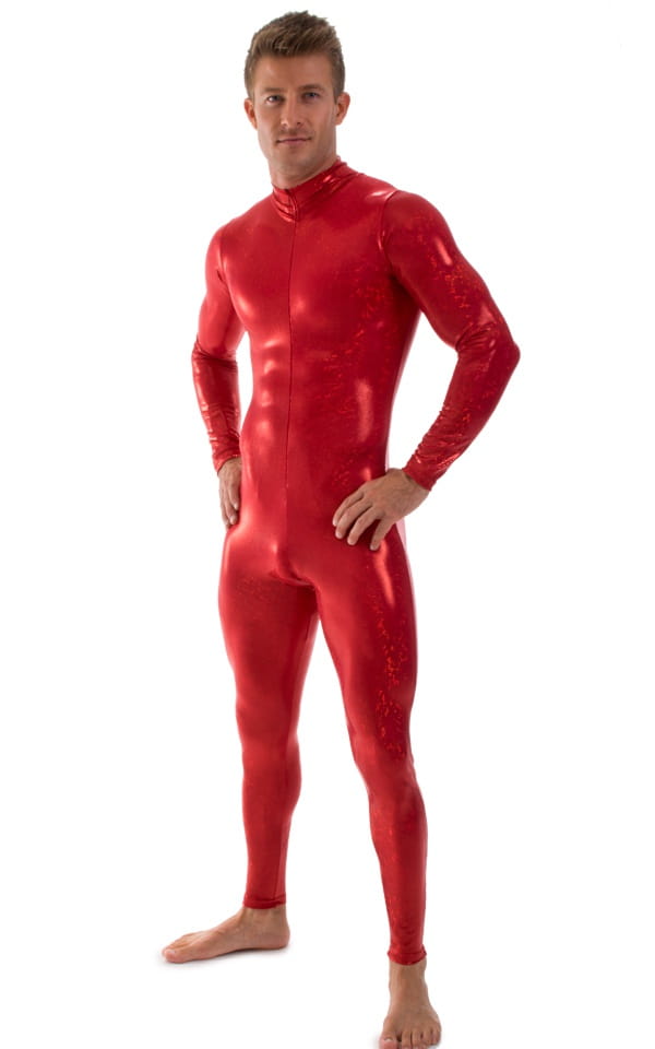 Full Bodysuit Suit for men in Red Holographic Shattered Glass, Front View