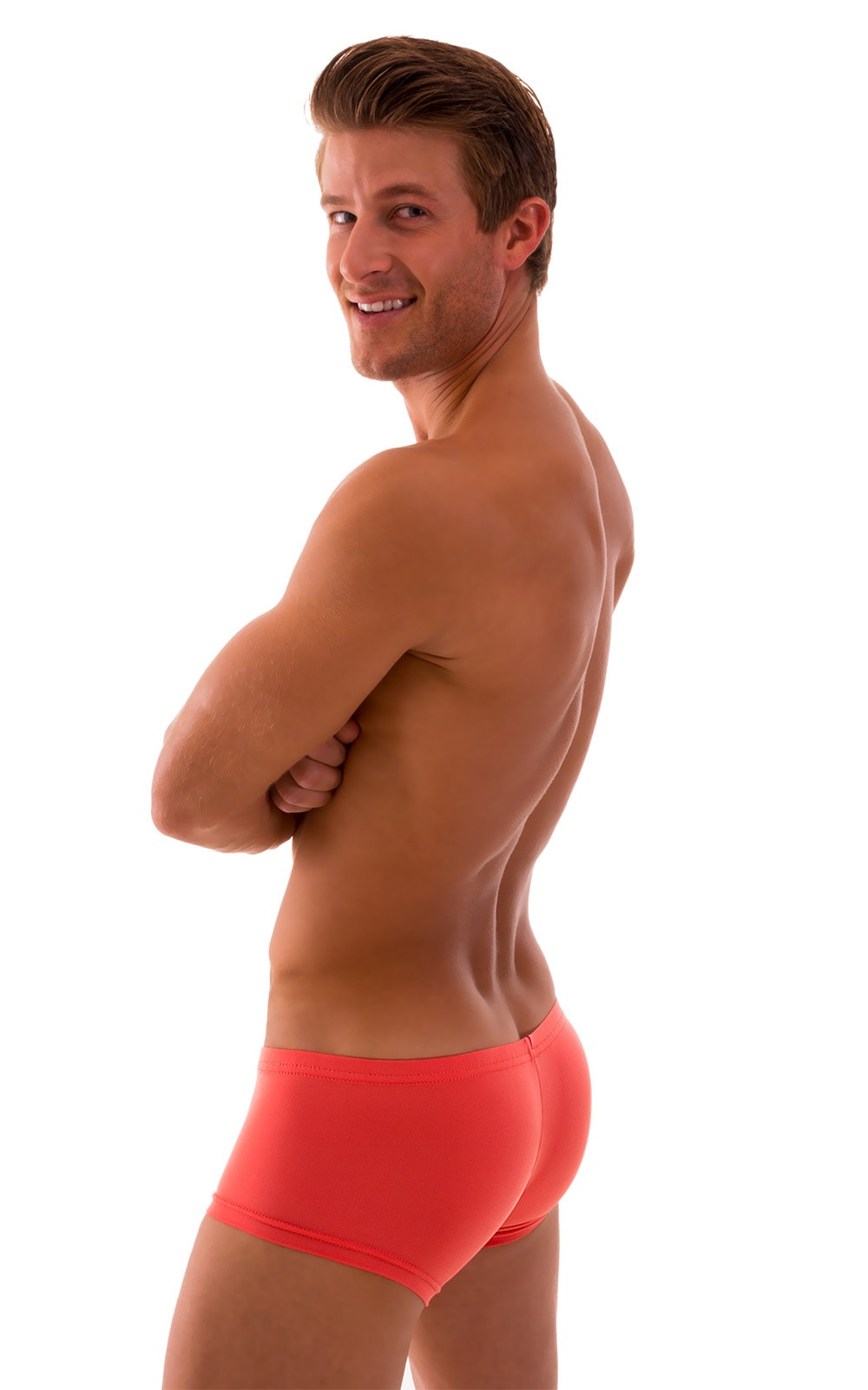 Extreme Low Square Cut Swim Trunks in Paprika, Rear View