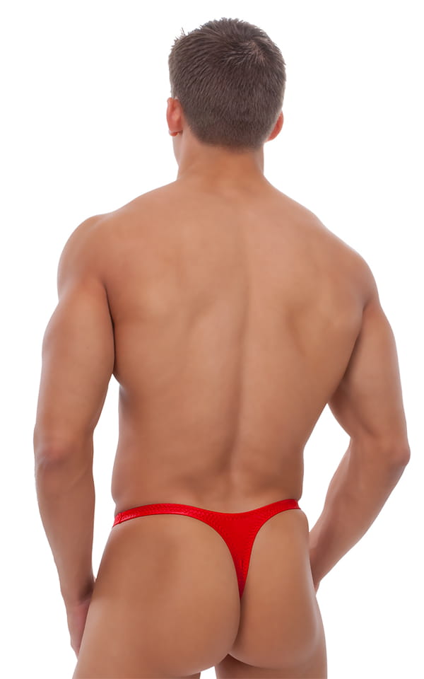 T Back Thong Swimsuit - Bravura Pouch in Wet Look Lipstick Red, Rear View