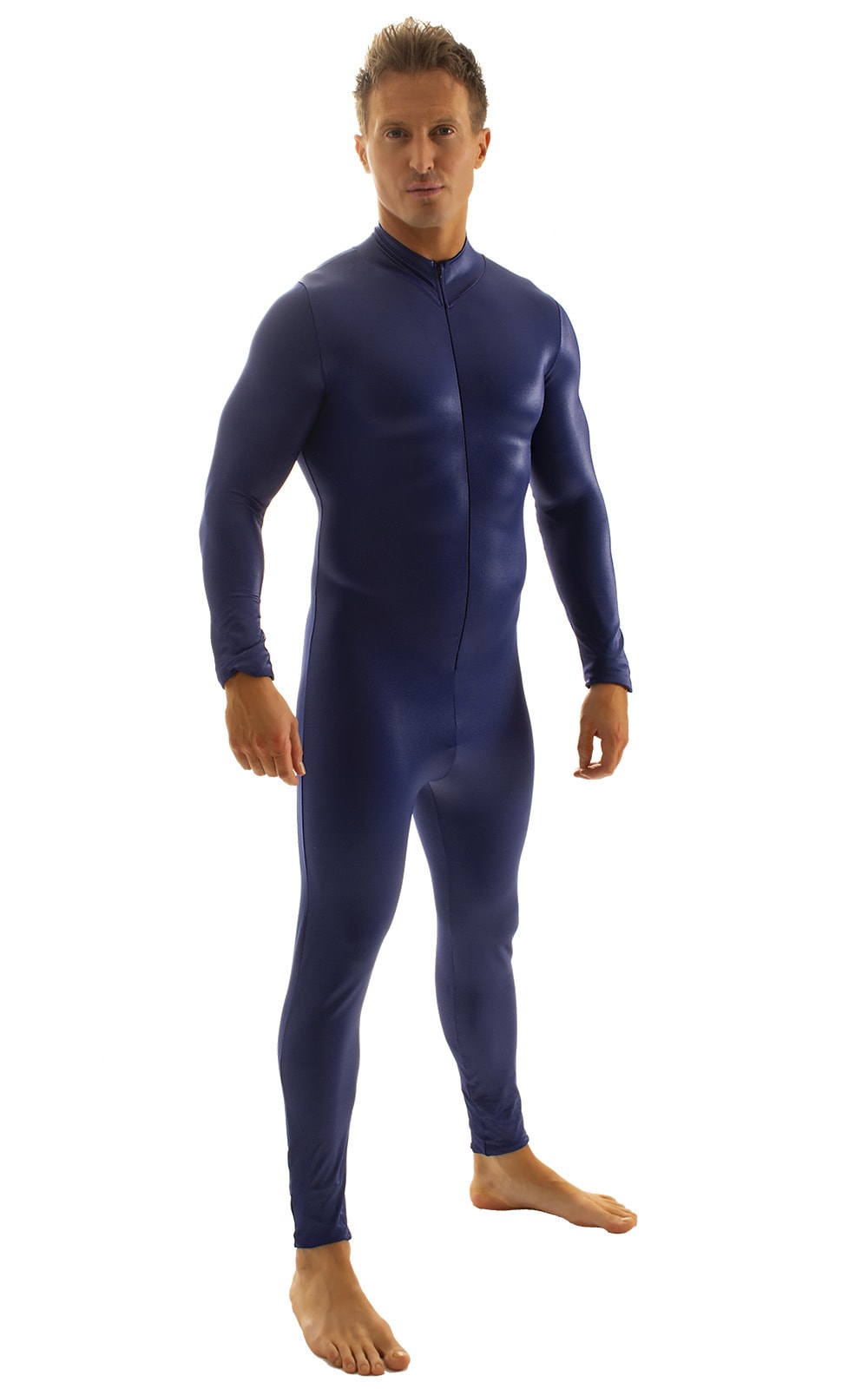 Full Bodysuit Zentai Lycra Spandex Suit for men in Wet Look Navy Blue, Front View