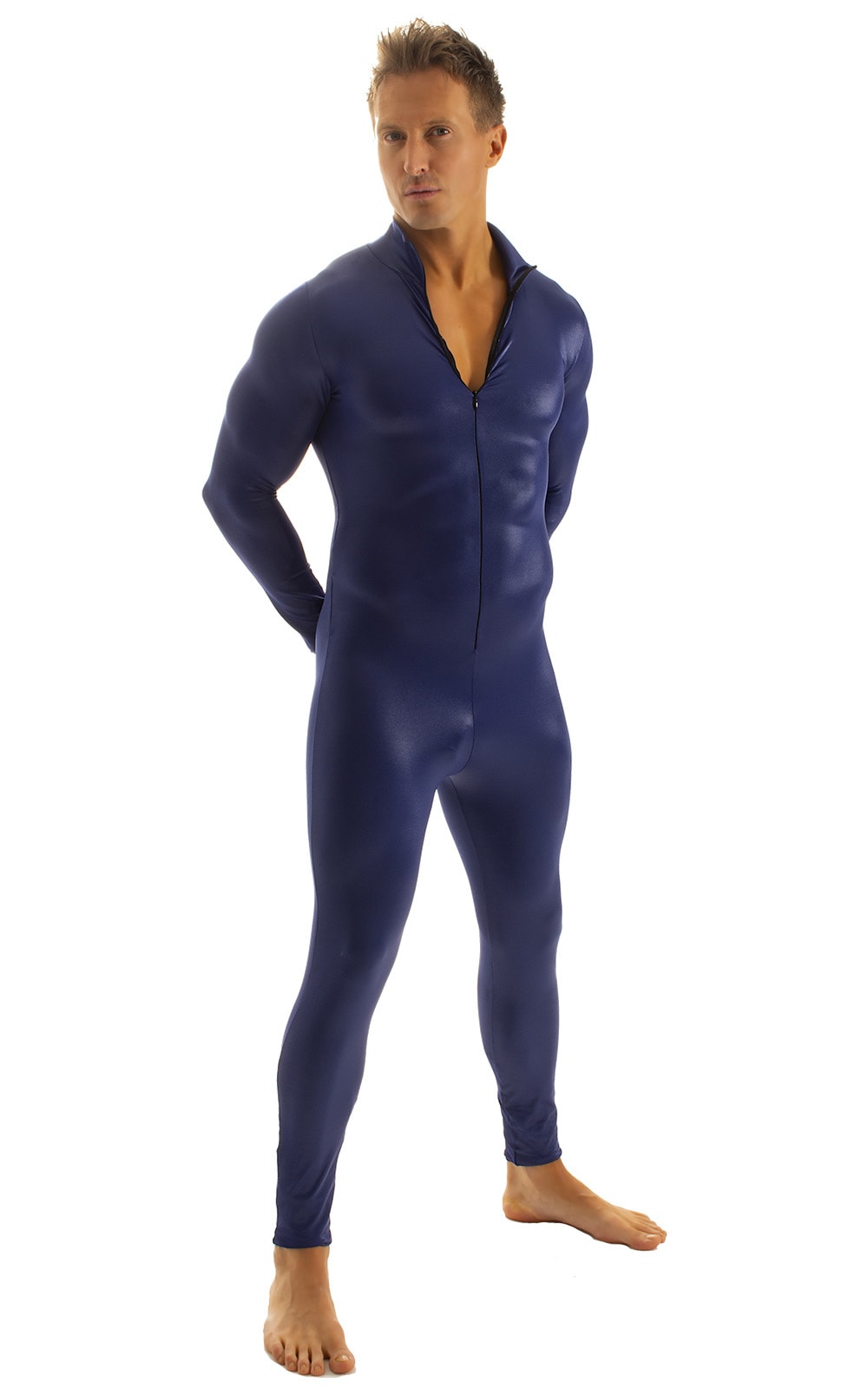 Full Bodysuit Zentai Lycra Spandex Suit for men in Wet Look Navy Blue, Front Alternative