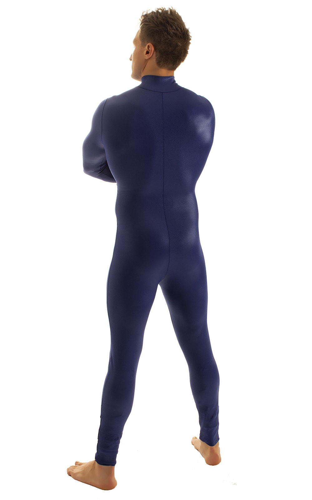 Full Bodysuit Zentai Lycra Spandex Suit for men in Wet Look Navy Blue, Rear View