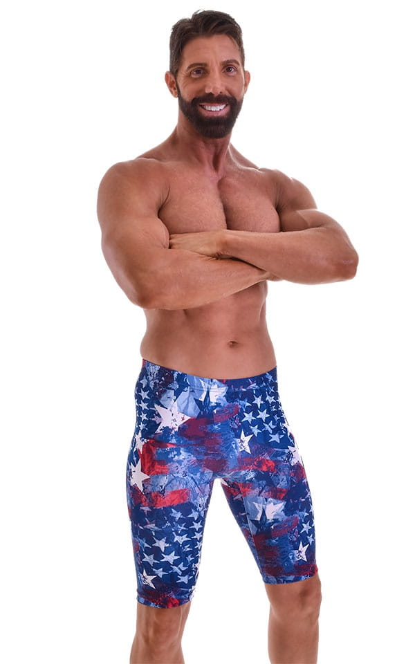 Lycra Bike Length Shorts in American Flag Collage, Front View