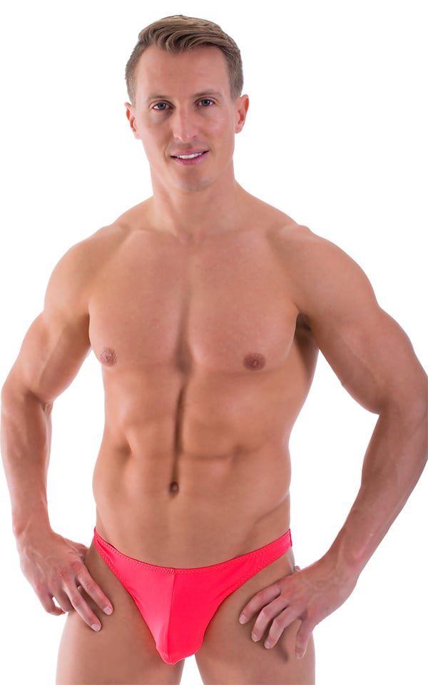 Comfort Pouch - Bulge Enhancing - Half Back Bikini in ThinSKINZ Semi Sheer Neon Coral 1