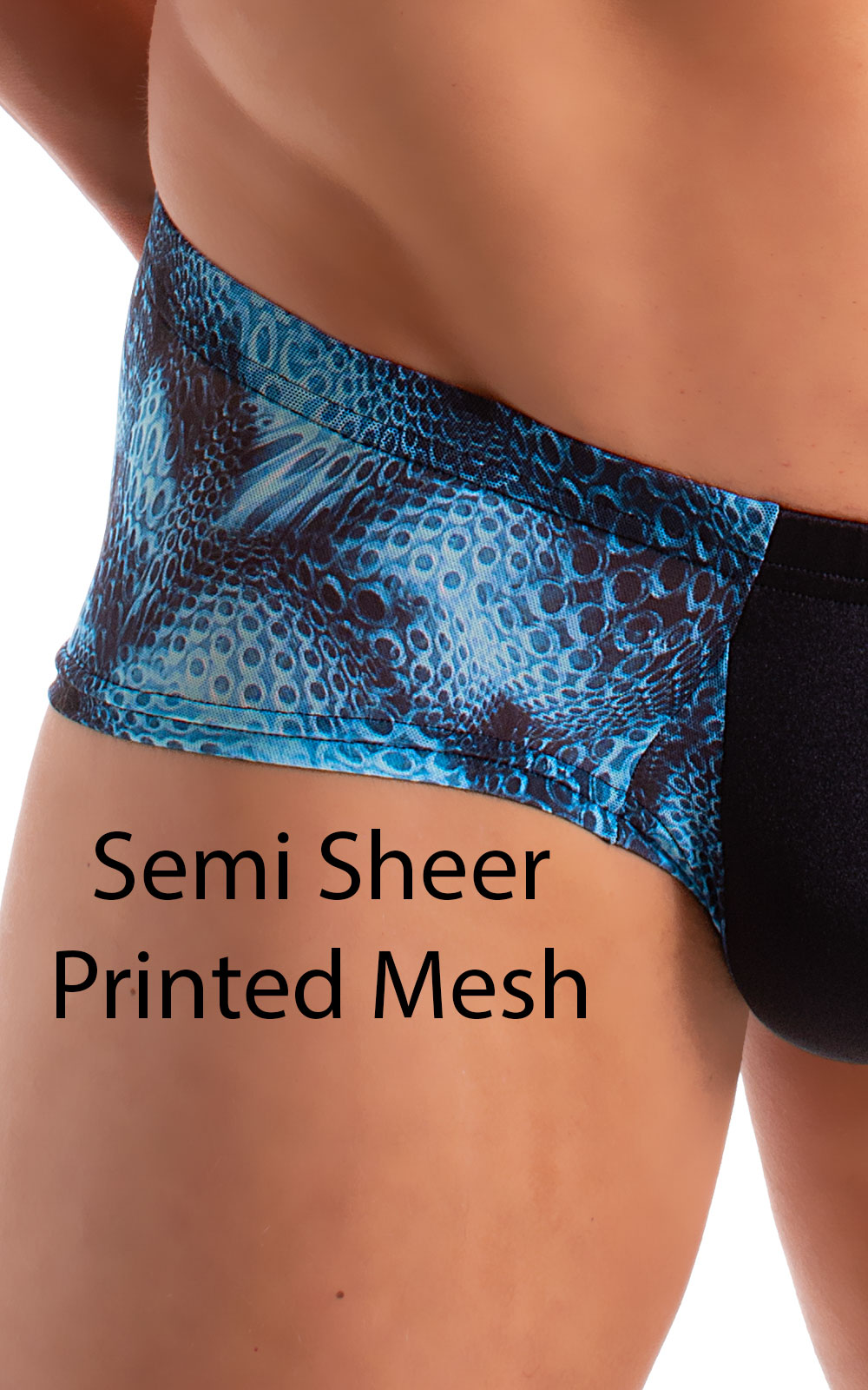 Pouch Enhanced Micro Square Cut Swim Trunks in Black and Eroc Printed Mesh 3