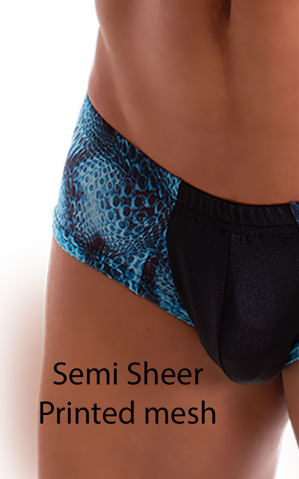 Pouch Enhanced Micro Square Cut Swim Trunks in Black and Eroc Printed Mesh 7