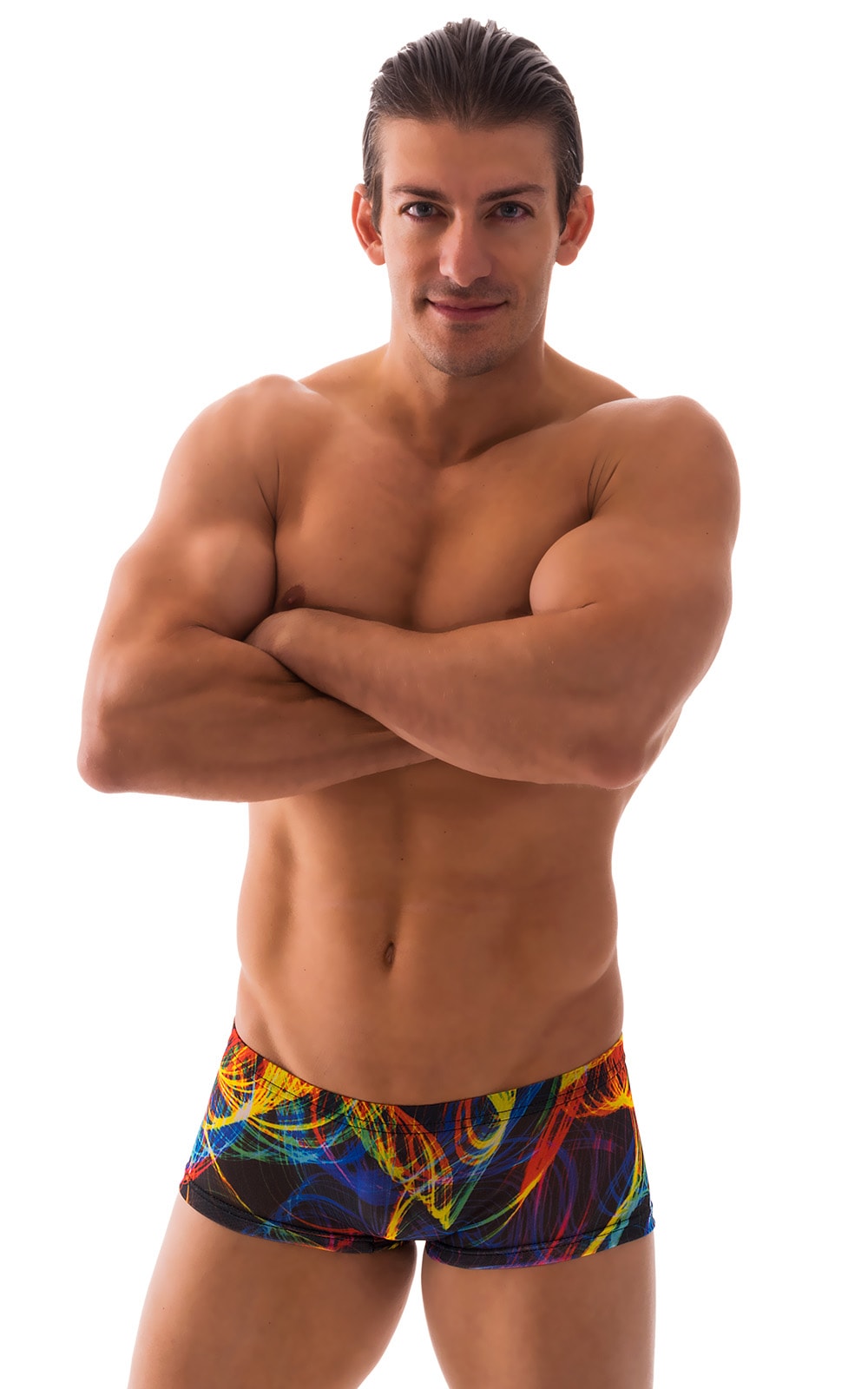 Extreme Low Square Cut Swim Trunks in Tan Through RaveUp, Front Alternative