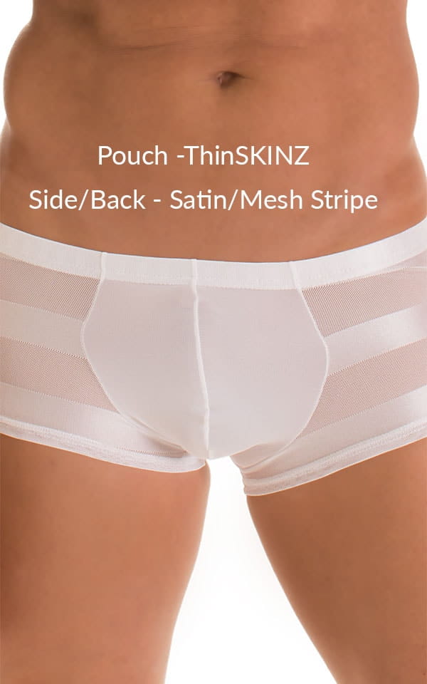 Fitted Pouch - Boxer - Swim Trunks in Super ThinSKINZ White &  White Satin Stripe Mesh 4