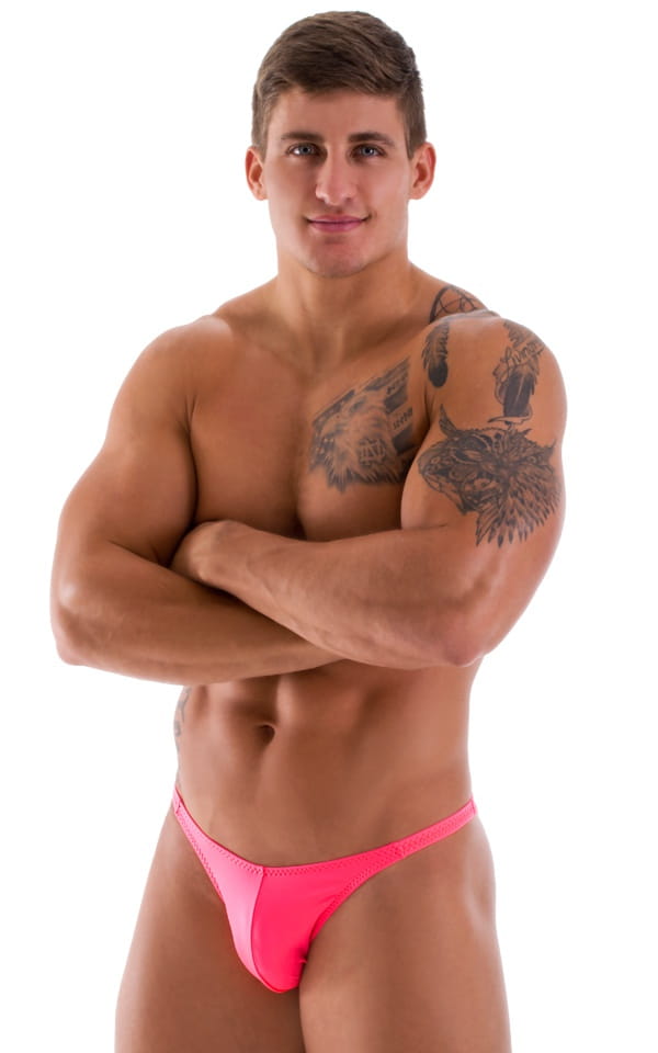 mens posing suit with fitted pouch and fitted puckered butt bodybuilder bikini in neon coral