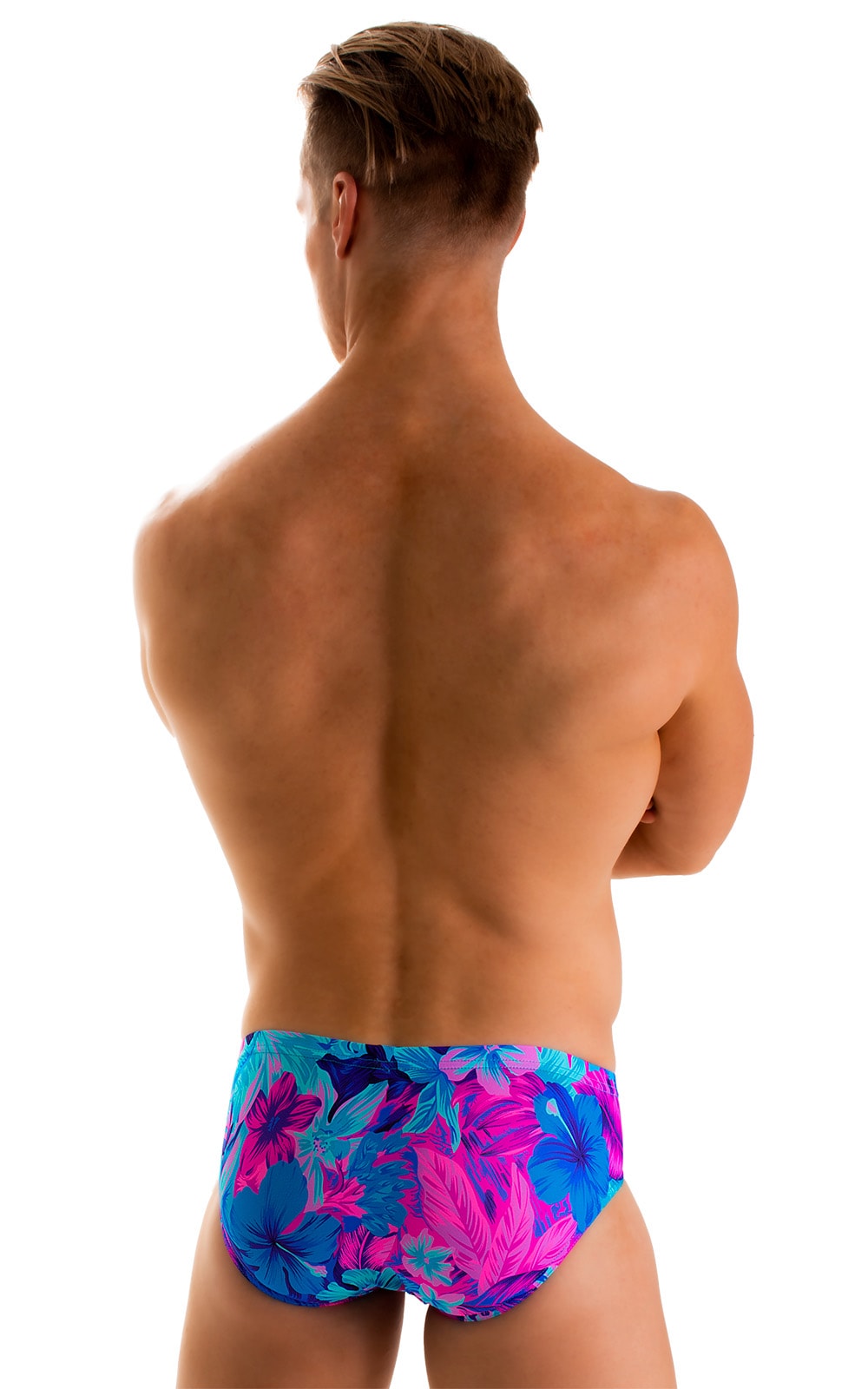 Pouch Brief Swimsuit in Tahitian Magenta-Aqua, Rear View