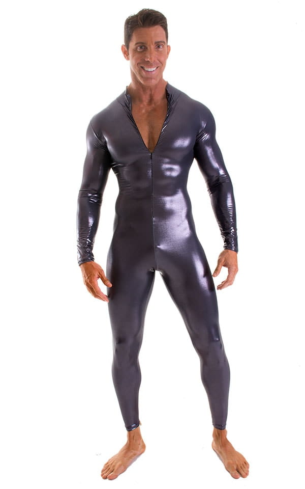Full Bodysuit Zentai Lycra Spandex Suit for men in Metallic Black Ice, Front Alternative