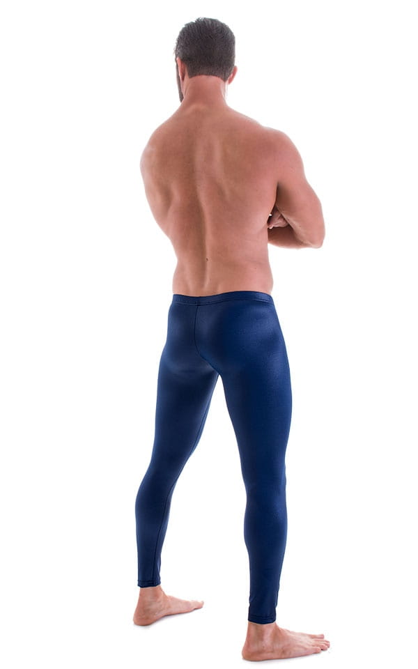 Mens SUPER Low Leggings Tights in Wet Look Navy Blue, Rear View