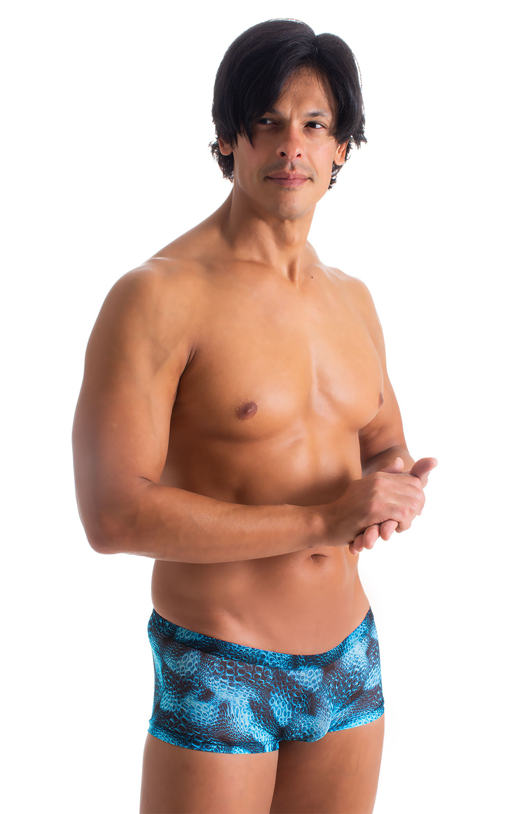 mens swimwear low waist square cut boxer style swimsuit in Sheer Eros Printed Mesh