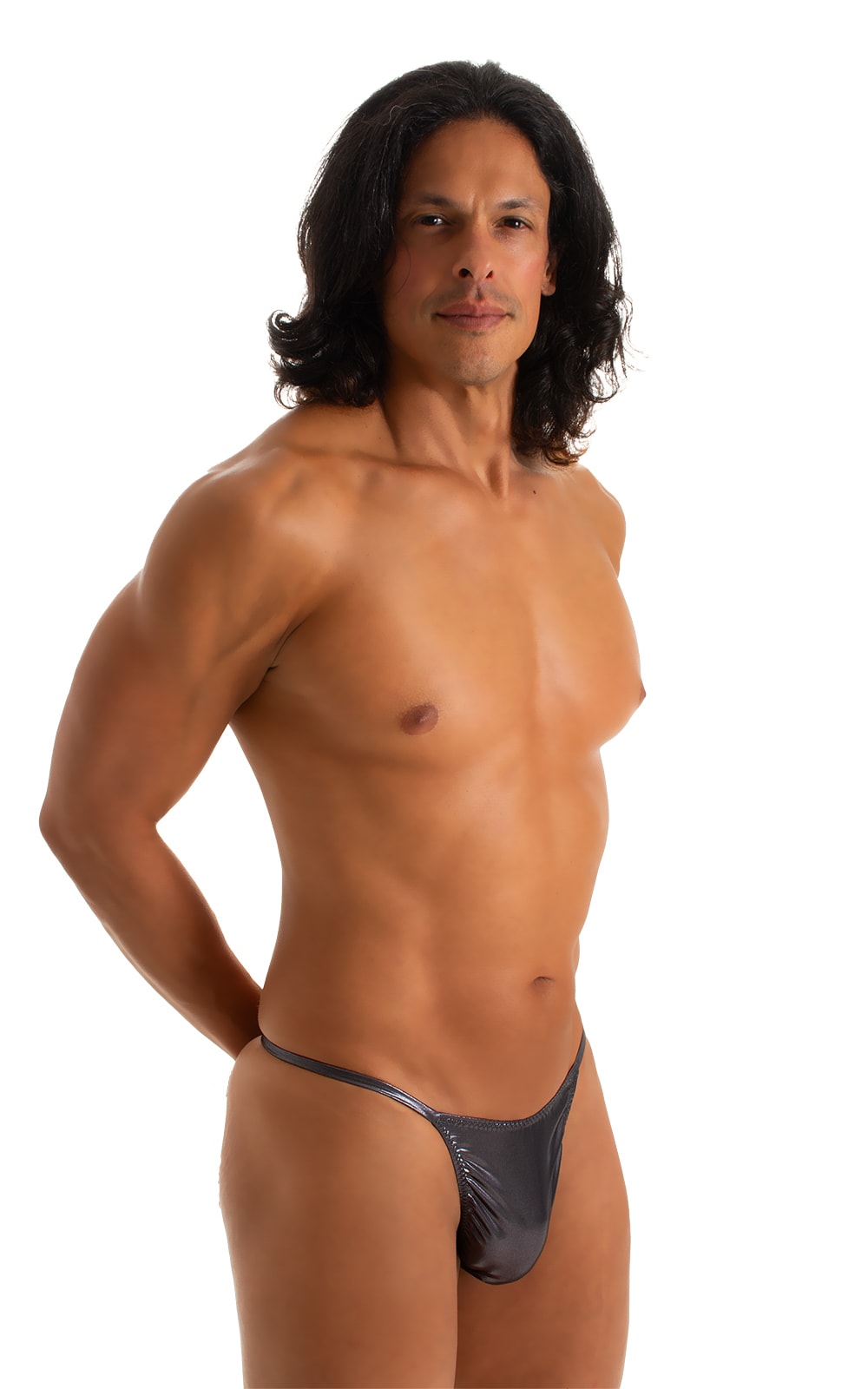 Men's Smooth Front, G-String thong - shown in Black Spandex with