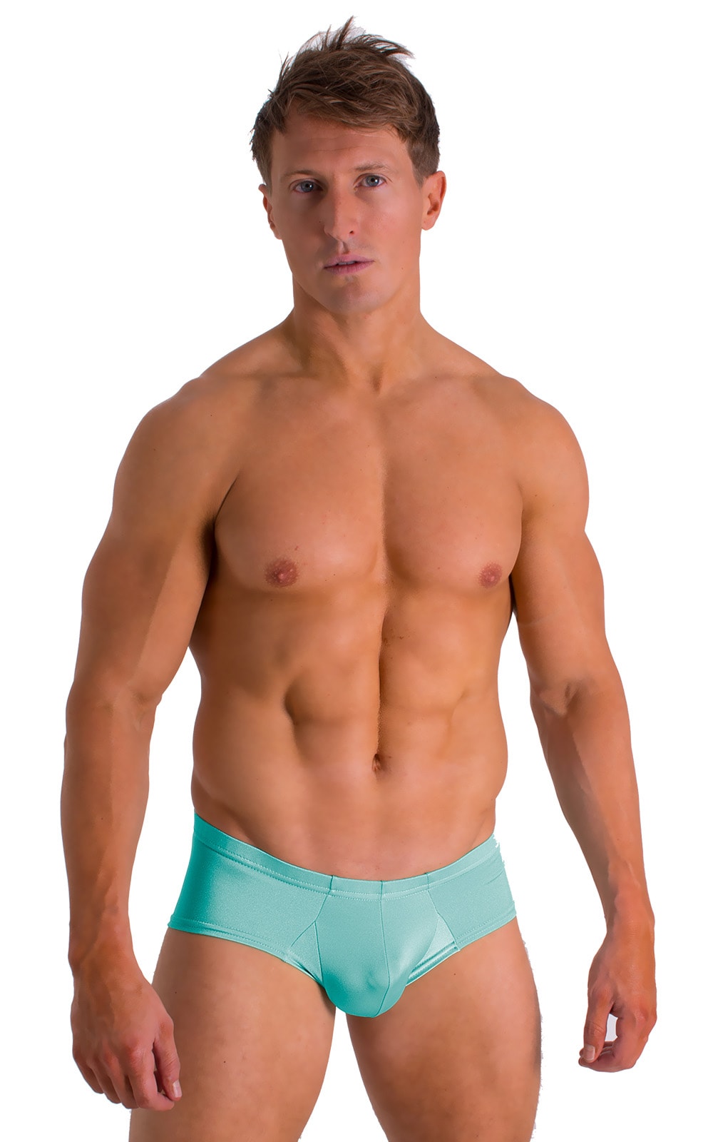 pouch enhanced micro square cut swim trunks in Aquamarine, Front View