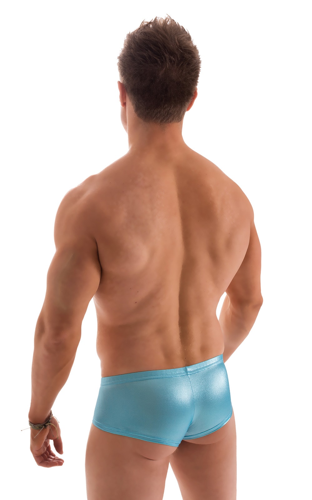 Pouch Enhanced Micro Square Cut Swim Trunks in Ice Karma Turquoise Shimmer, Rear View