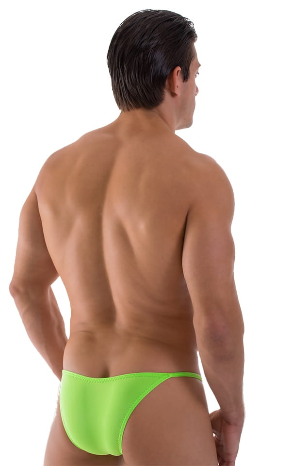 Stuffit Pouch Half Back Tanning Swimsuit in Semi Sheer ThinSKINZ Neon Lime, Rear View
