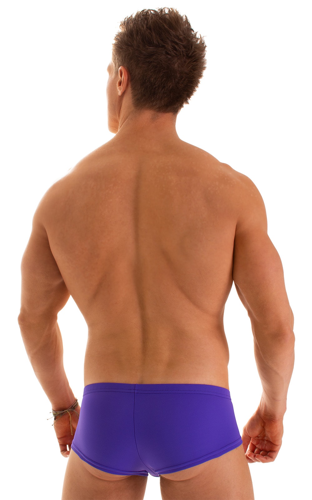 Pouch Enhanced Micro Square Cut Swim Trunks in Indaco, Rear View