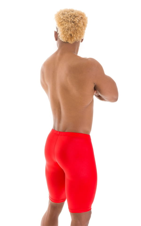 Lycra Bike Length Shorts in Wet Look Red, Rear View
