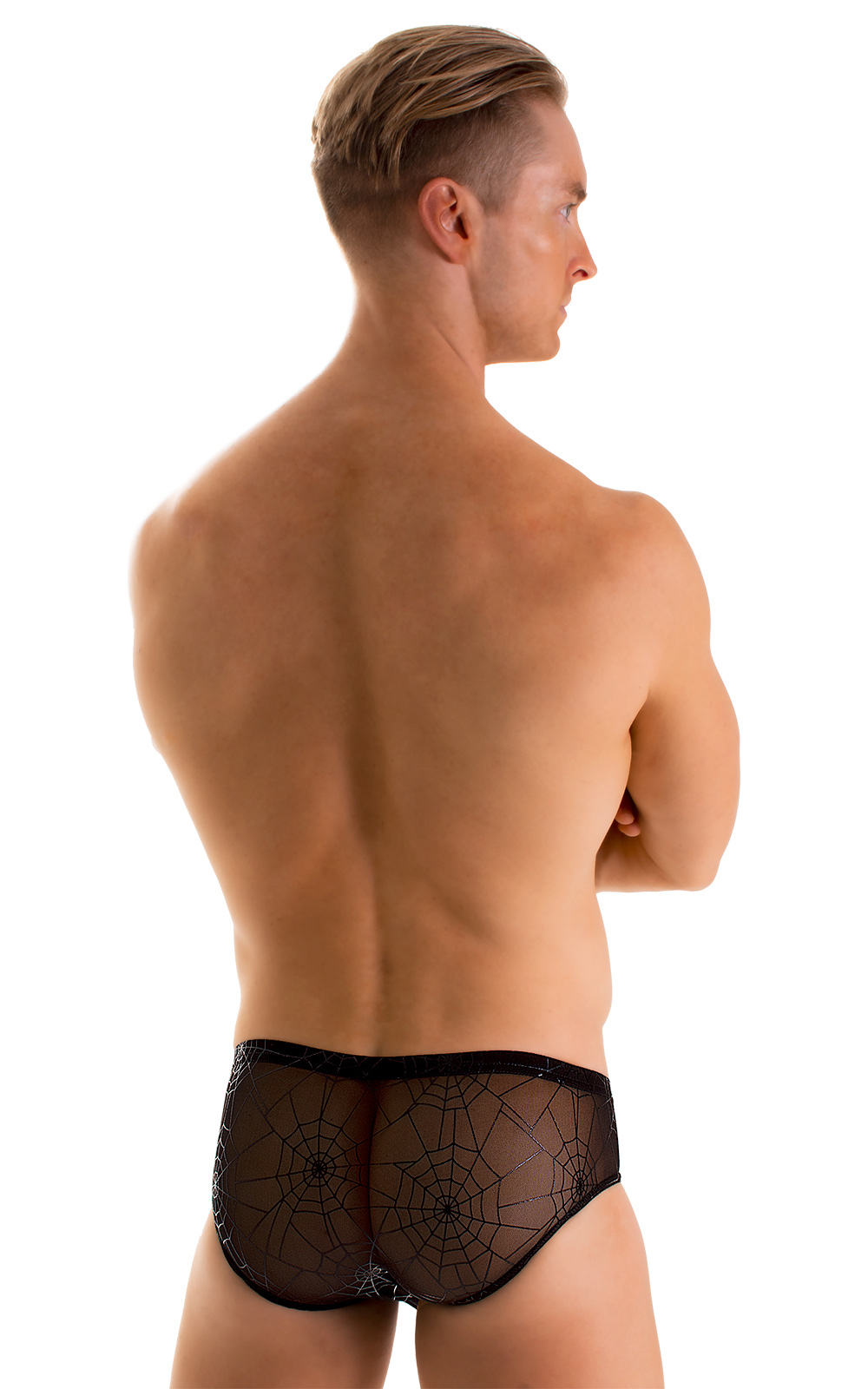 Pouch Brief Swimsuit in Black with Semi Sheer Spiderweb Mesh, Rear View