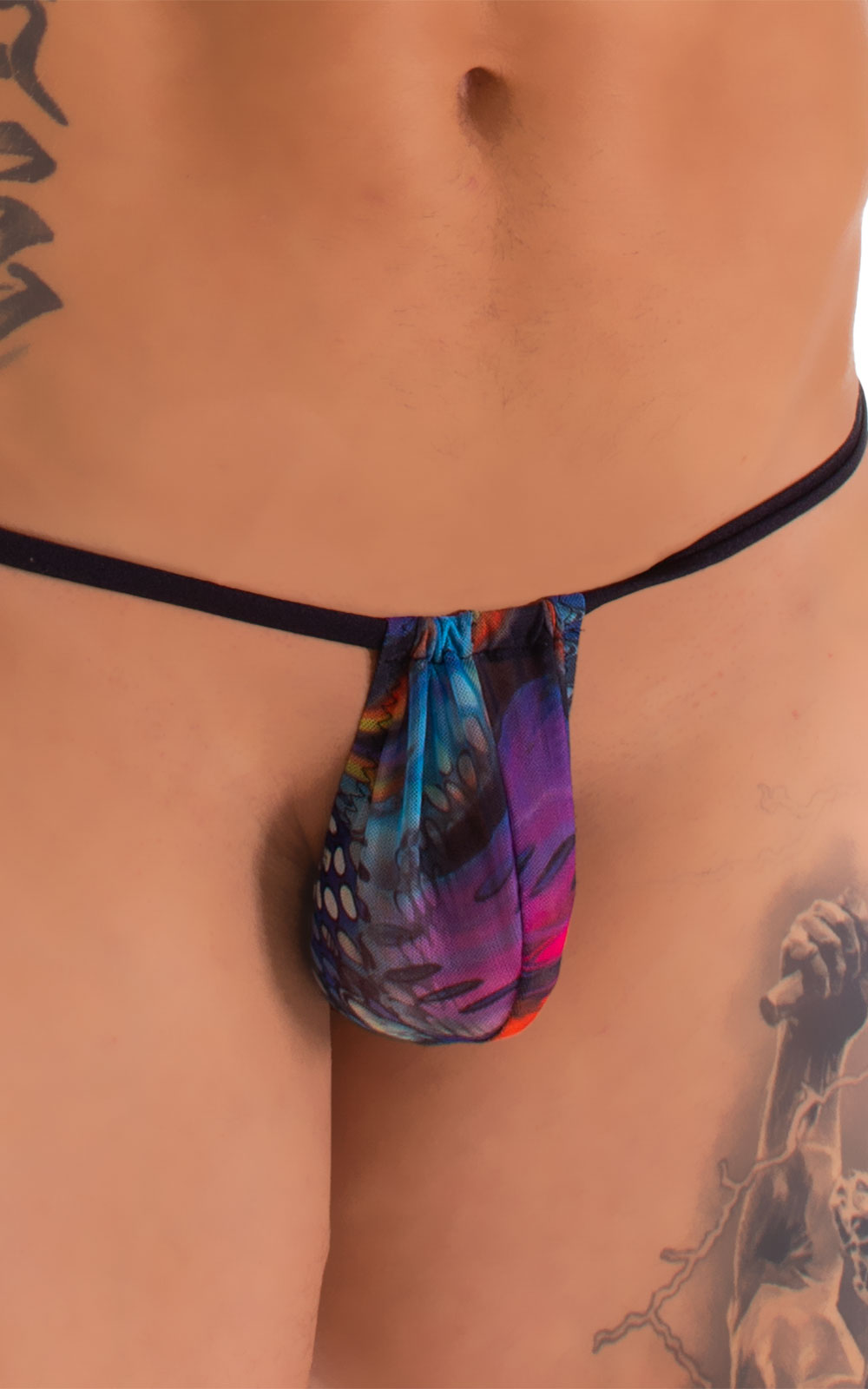 G String Swimsuit - Adjustable Pouch in Super Aquarious Mesh with Black Strings
, Front Alternative