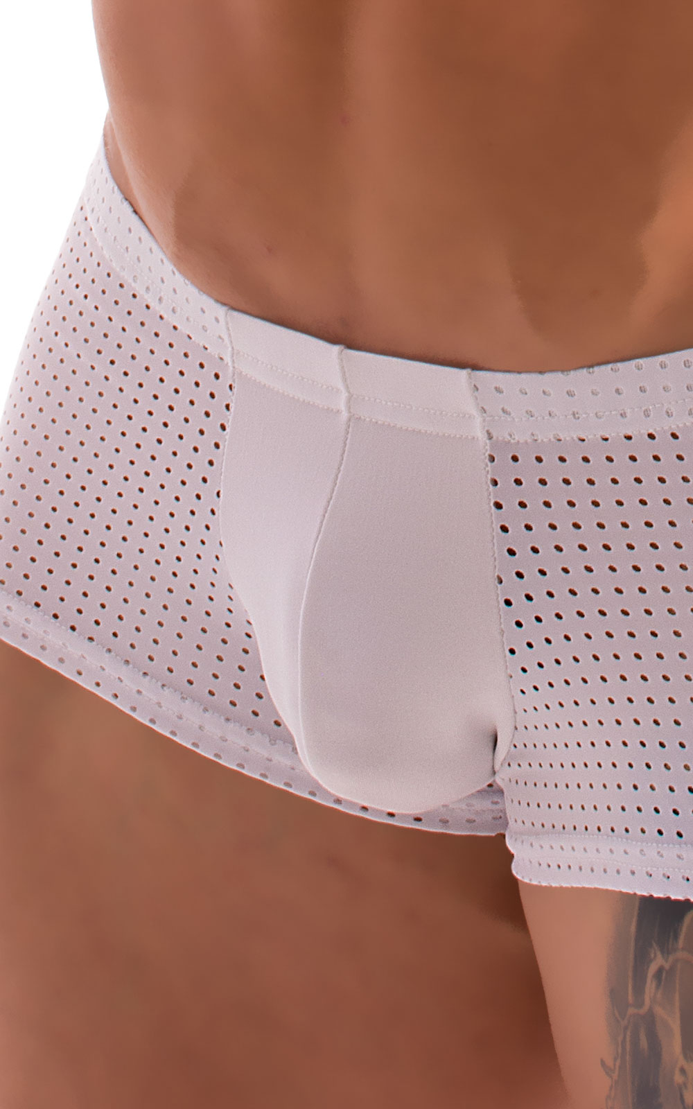 Fitted Pouch - Boxer - Swim Trunks in White and White Peep Show 6