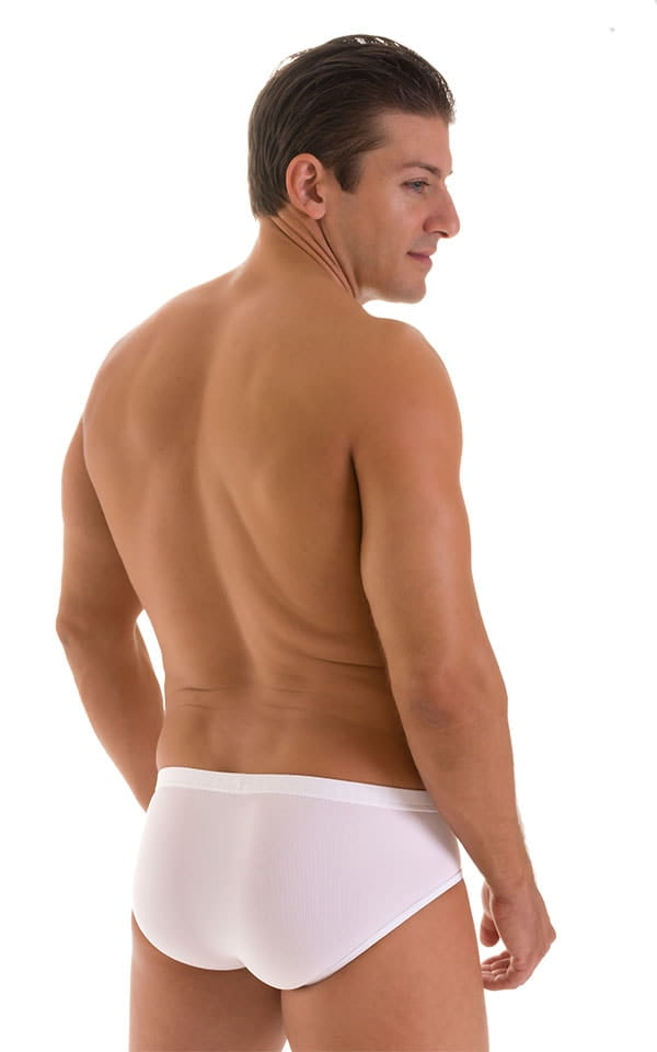 Pouch Brief Swimsuit in White Powernet and Super ThinSKINZ White, Rear View