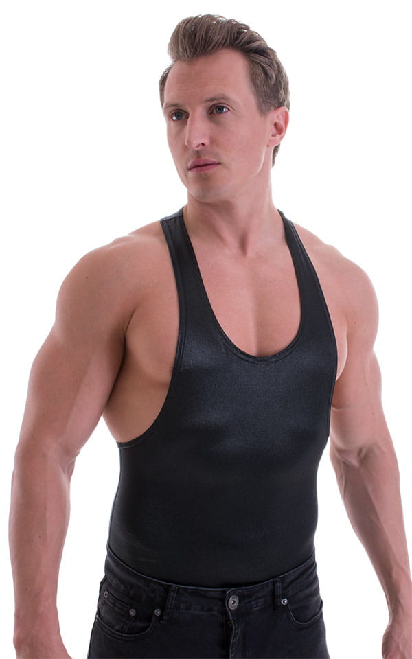 String Tank Gym Tee in Wet Look Black, Front View