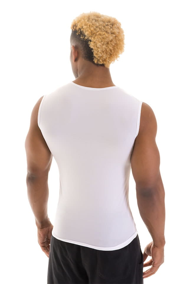 Sleeveless Lycra Muscle Tee in Super ThinSKINZ White, Rear View