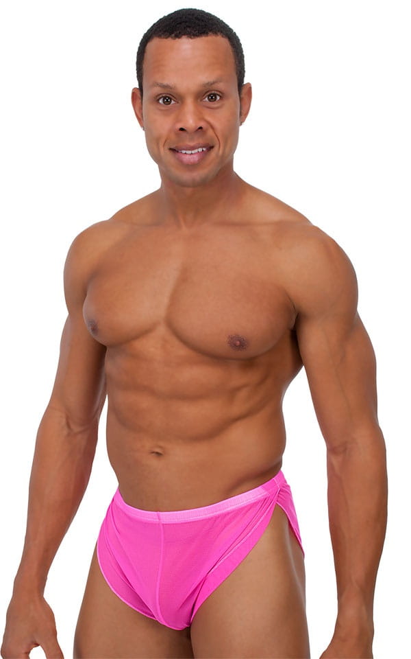 Swimsuit Cover Up Split Running Shorts in Hot Pink Stretch Mesh, Front View