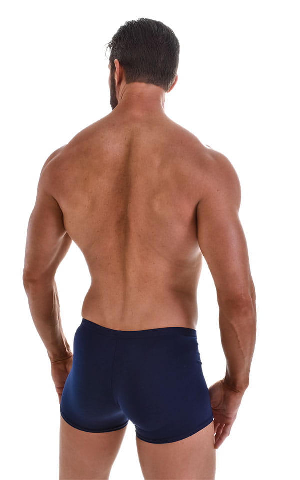 Square Cut Seamless Swim Trunks in ThinSKINZ Navy Blue, Rear View
