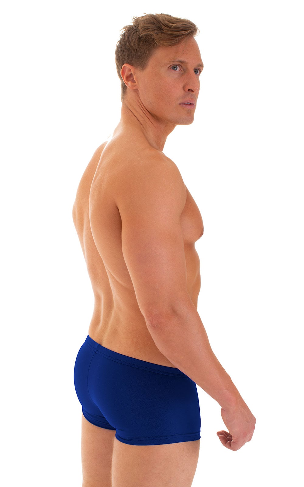 Extreme Low Square Cut Swim Trunks in Semi Sheer ThinSKINZ Royal Blue, Rear View
