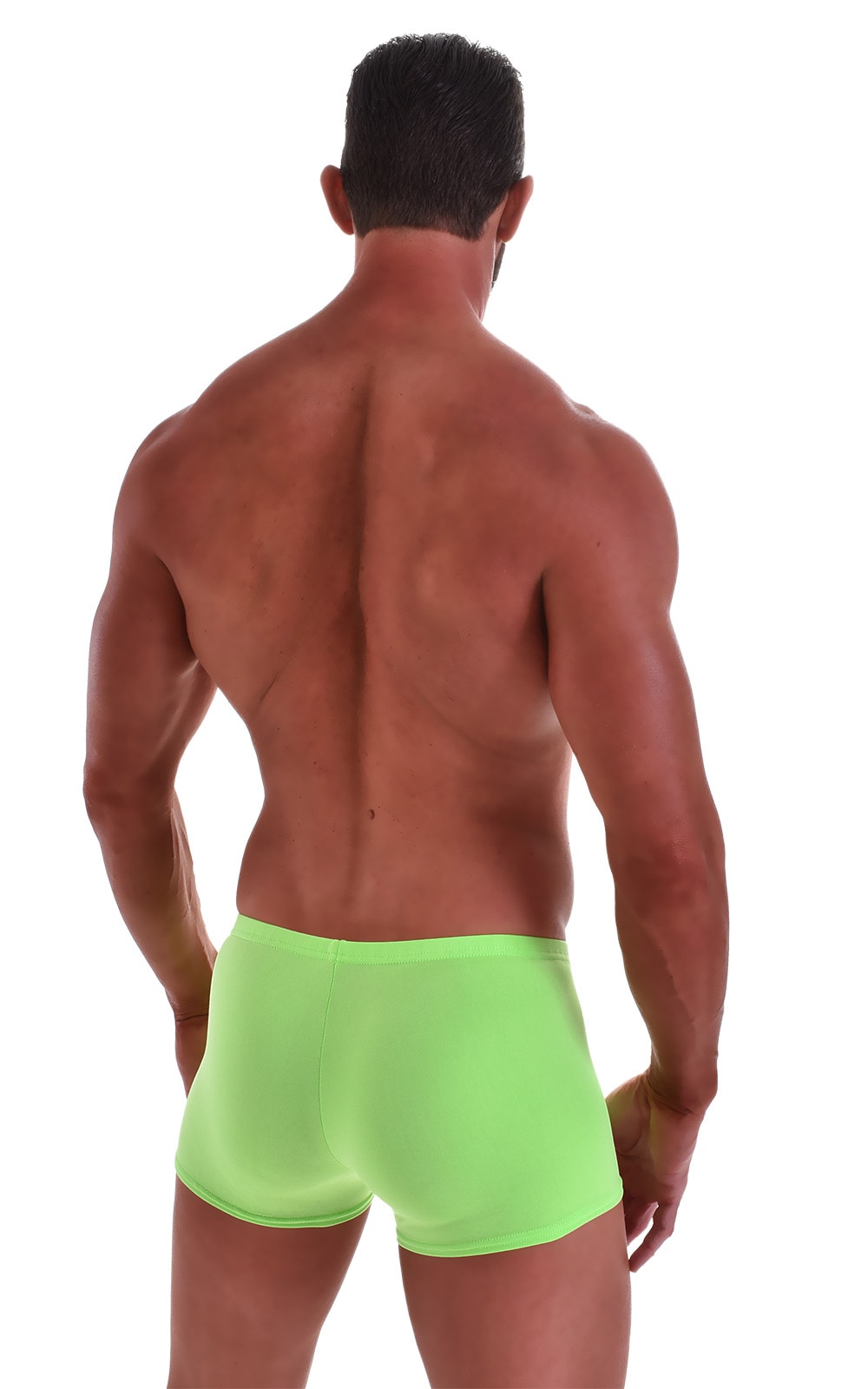 S57770quare Cut Seamless Swim Trunks in ThinSKINZ Neon Lime, Rear View