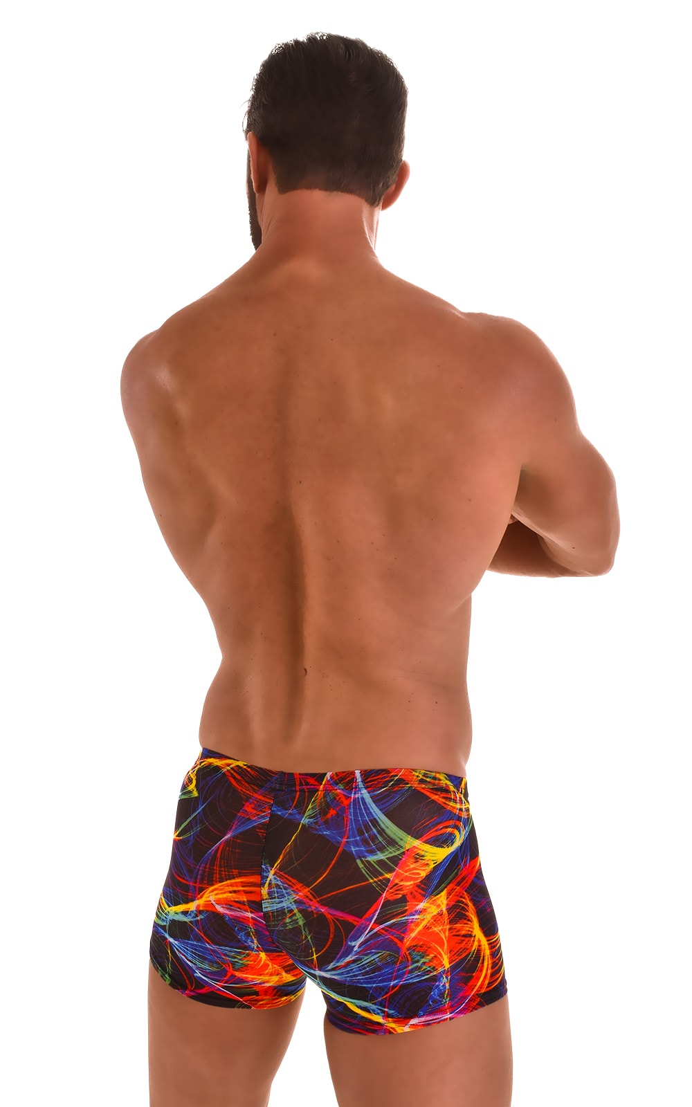 Square Cut Seamless Swim Trunks in Tan Through Rave Up, Rear View